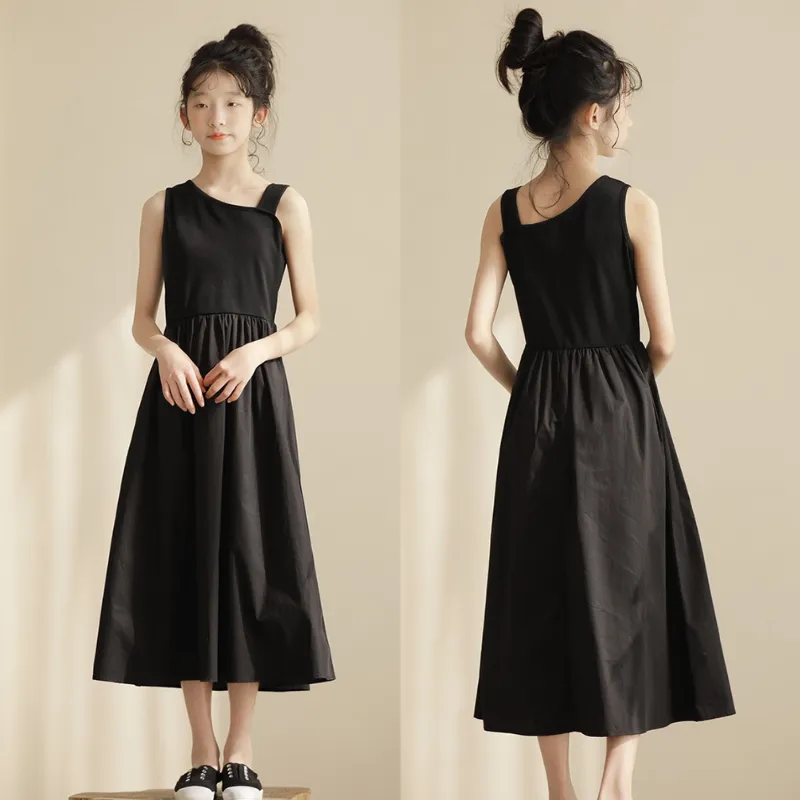 日系 黑色赫本风斜肩长款连衣裙 Asymmetric Sleeveless Dress