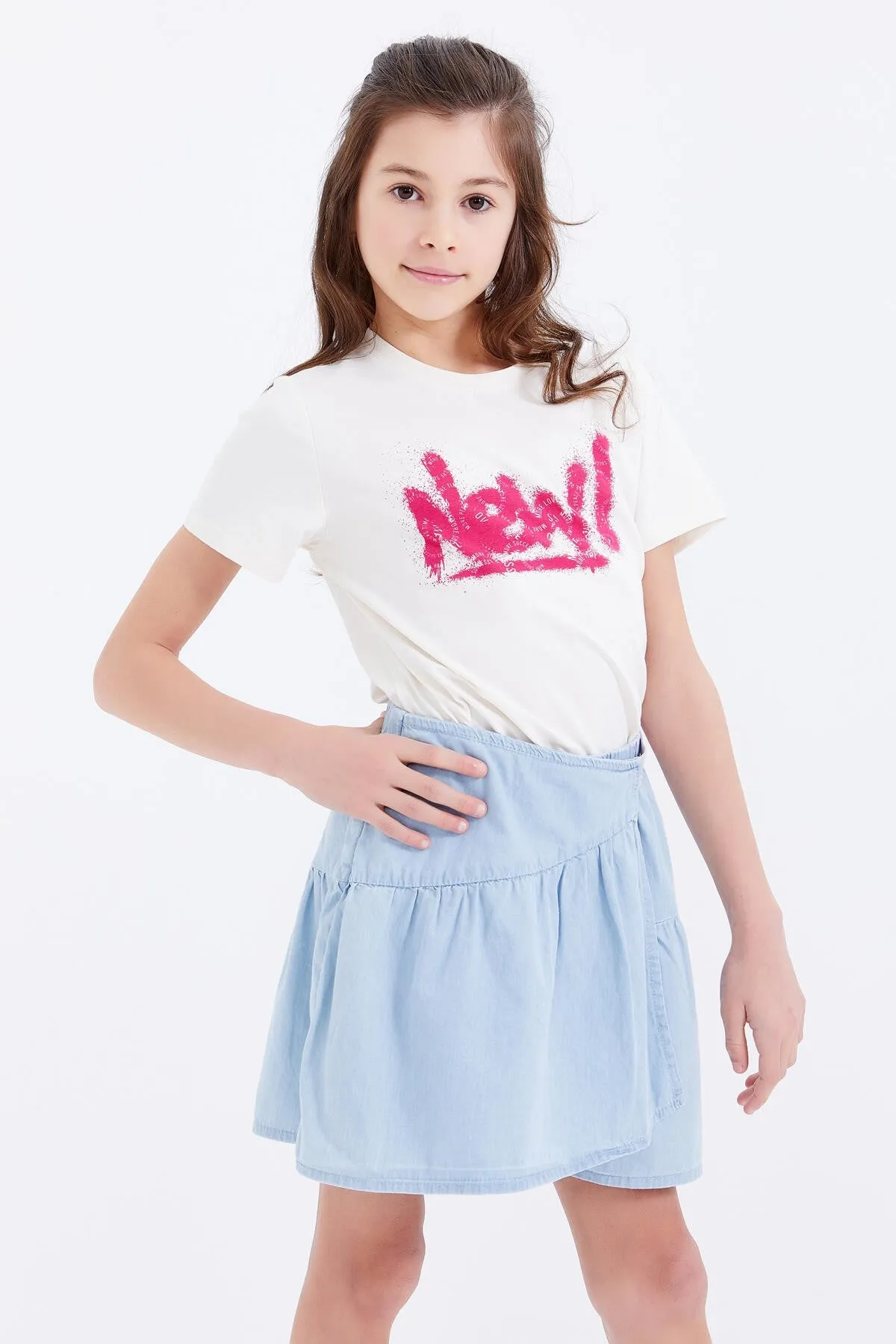 basic yazi baskili o yaka rahat form kiz çocuk t-shirt - 75041