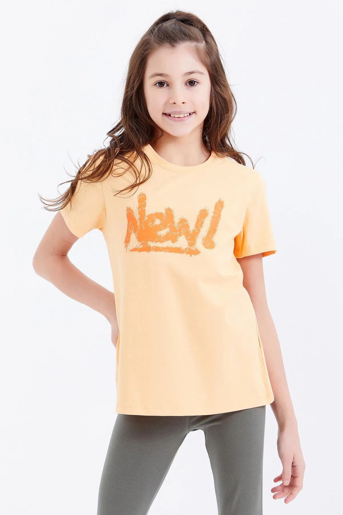 basic yazi baskili o yaka rahat form kiz çocuk t-shirt - 75041