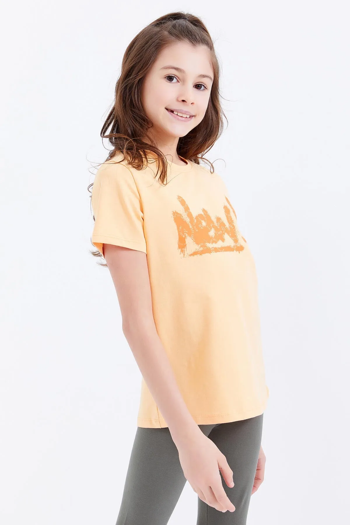 basic yazi baskili o yaka rahat form kiz çocuk t-shirt - 75041
