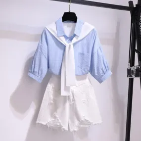 Chic Stripe Pocket Lapel T-Shirt Ripped Denim Shorts