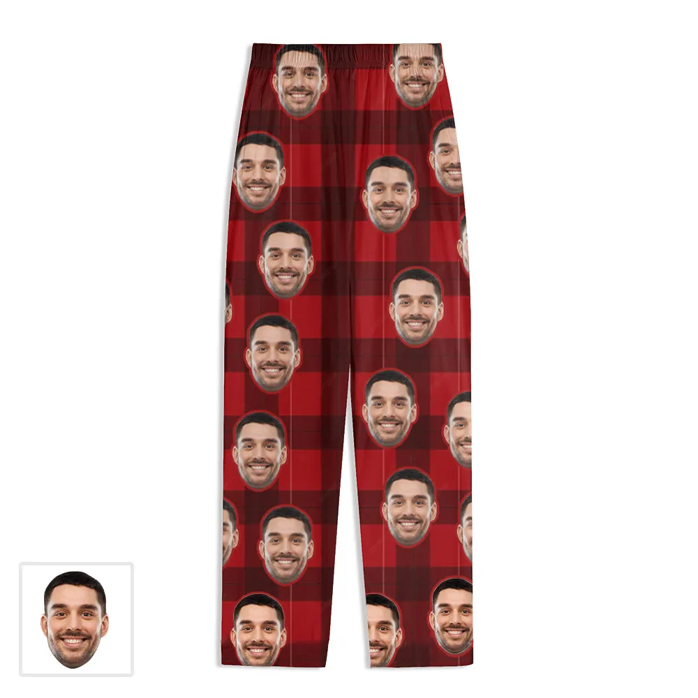 Customized Face Unisex Pajamas Spring & Winter Red Plaid Pajamas Personalized Gift