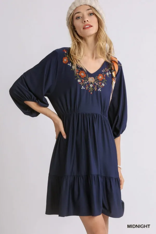 Floral Embroidered Three Quarter Sleeve Tiered Babydoll Dress