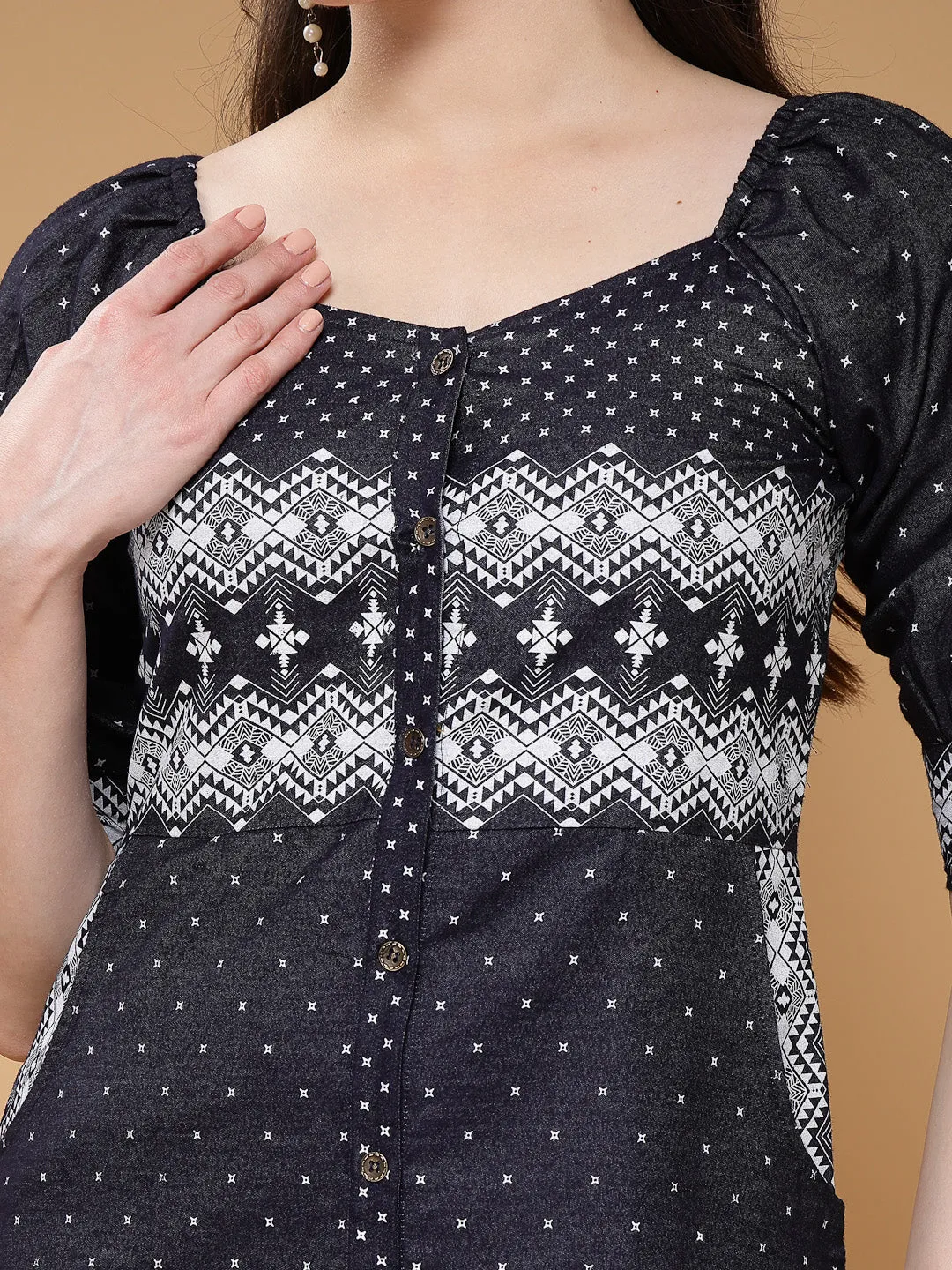 Indibelle Denim Knee Length Geometric Print A-Line Dress (Blue)