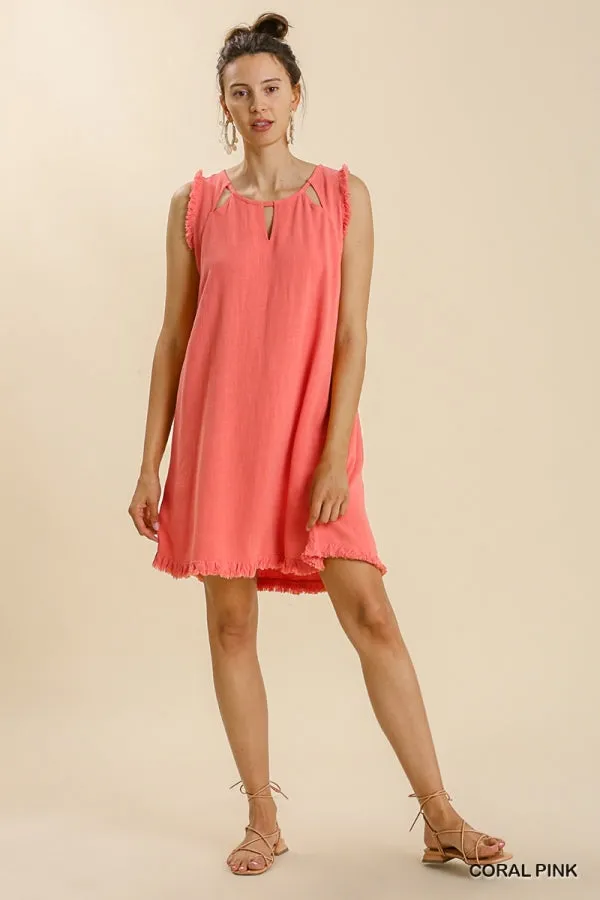 Linen Blend Round Neck Sleeveless Ruffle Frayed Dress