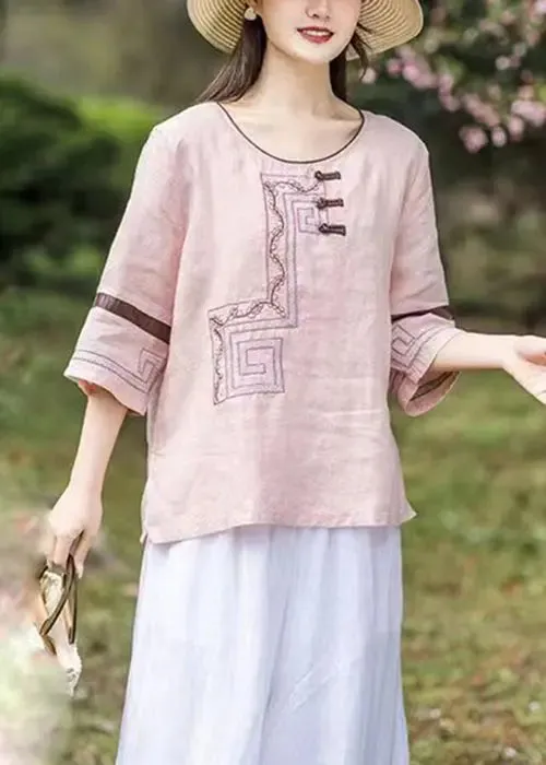Loose Pink O-Neck Embroideried Patchwork Linen T Shirts Bracelet Sleeve ML0849