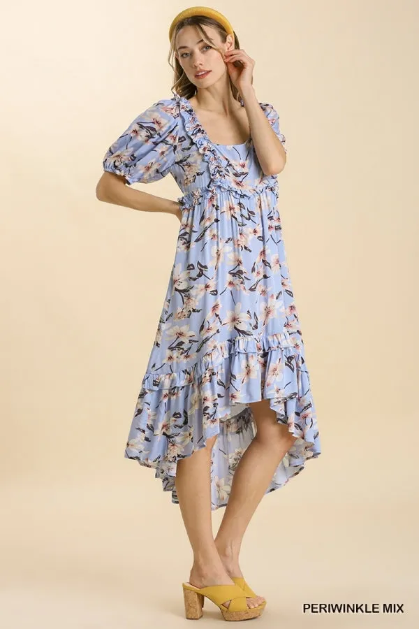 Multi Border Print Square Neckline Tiered Midi Dress