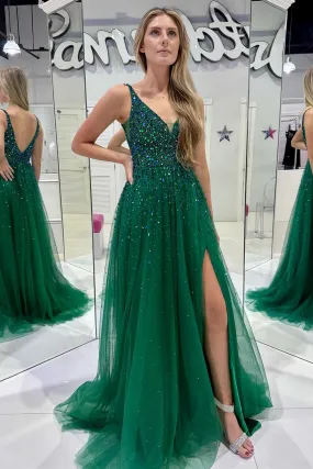 Raquel | V-Neck Hunter Green Beaded Tulle Prom Dress with Slit