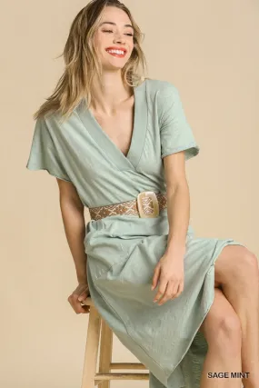 Short Sleeved V-Neck Midi Porkchop Pockets Dress