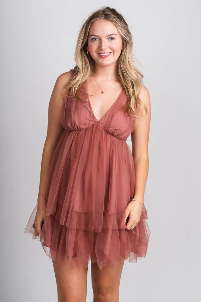 Tulle layered mini dress mauve