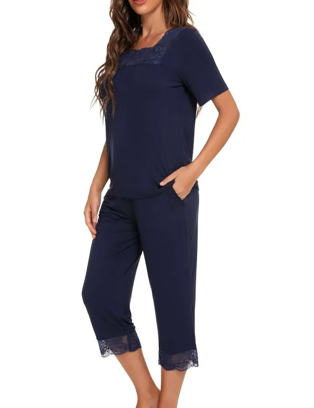 Vintage Lace Square Collar Top and Capris Pajama Set