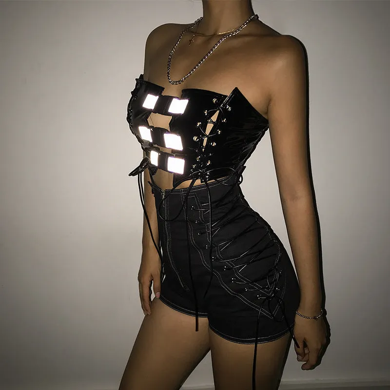 Women's Summer PU Leather Off-Shoulder Crop Top With Reflective Straps